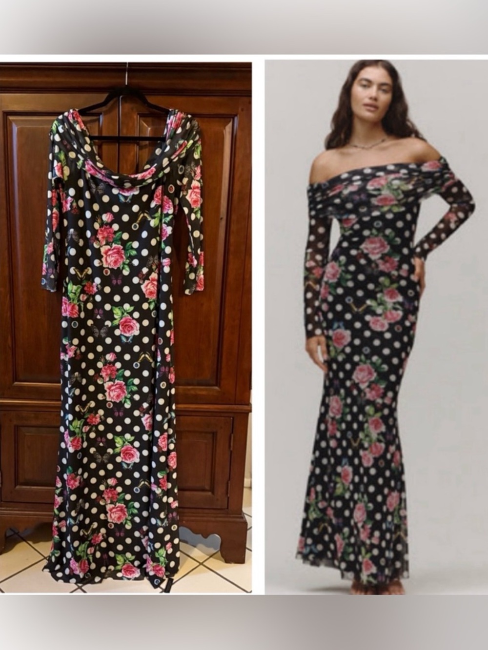 AFRM Mesh Off the Shoulder Maternity Maxi Dress in Beautiful Black Floral Print